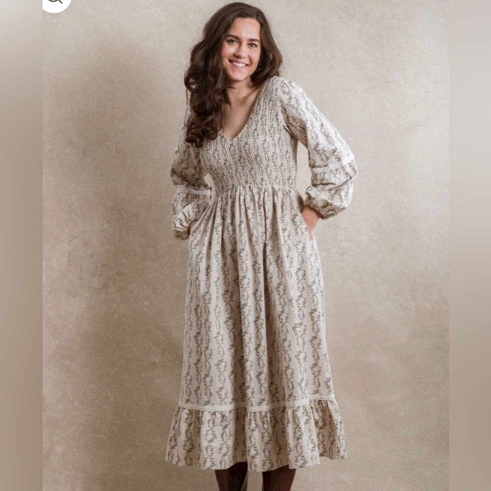 Smocked V-Neck Midi Dress in Cream with Blue Floral Print